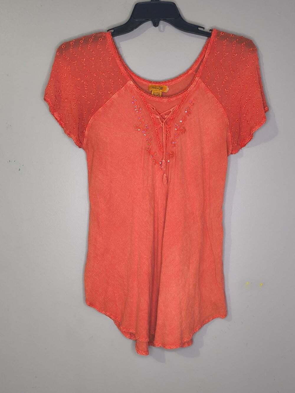 Sakkas 150366 - Embroidered Cap Sleeve Blouse Orange Washout One Size Plus Size